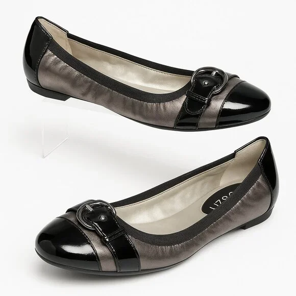Liz & Co Cap-Toe Buckle Leather Ballet Flats Size 7.5M | Metallic Chic Feminine - Picture 1 of 8